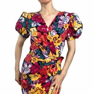 Vintage Nipon floral puff sleeve cotton wrap dress small‎